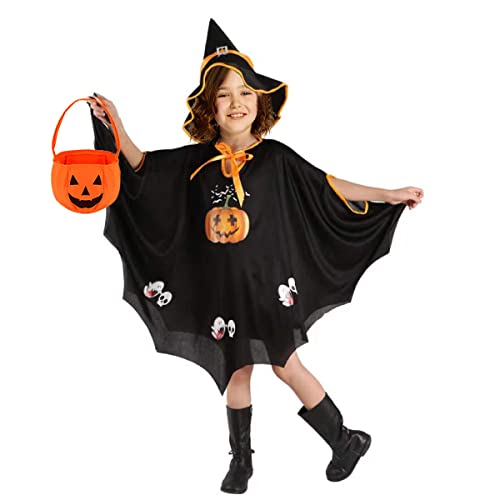 Yi'antai Halloween Kostüm Kinder, Fledermaus Umhang Kostüm, Fasching Kostüme Hexenkostüm Kürbis, Wizard Cape Witch Umhang mit Hut und Kürbis Candy Bag, Geeignet für Höhe 90-150cm Yi'antai Halloween Kostüm Kinder, Fledermaus Umhang Kostüm, Fasching Kostüme Hexenkostüm Kürbis, Wizard Cape Witch Umhang mit Hut und Kürbis Candy Bag, Geeignet für Höhe 90-150cm von Yi'antai