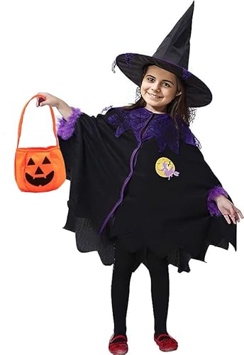 Yi'antai Halloween Umhang Kinder, Hexe Umhang Kostüm Mädchen, Halloween Kostüm Kinder Mädchen mit Halloween Tüten, Fasching Kostüme Hexenkostüm, Geeignet für Höhe 90-150cm (A) von Yi'antai