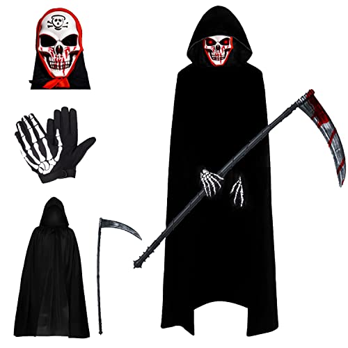 Yi'antai Sensenmann Kostüm Halloween, Halloween Umhang Set mit Maske Handschuhe und Plastiksense, Unisex Cape 140 cm für Halloween Party Dekoration Cosplay von Yi'antai