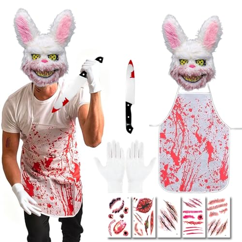 Horror Kaninchen Kostüm 8 Teiliges, Halloween Kostüm Herren, Halloween Blutige Kaninchen Maske, Horror Kostüm Mit Blutiges Messer, halloween Blutige Schürze, Narben Tattoos, Baumwollhandschuhe Horror Kaninchen Kostüm 8 Teiliges, Halloween Kostüm Herren, Halloween Blutige Kaninchen Maske, Horror Kostüm Mit Blutiges Messer, halloween Blutige Schürze, Narben Tattoos, Baumwollhandschuhe von Yi'antai