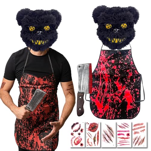 Yi'antai Horror Bär Kostüm 8-Teilig - Halloween Herren Verkleidung Mit Blutiger Maske, Messer, Schürze und Narben Tattoos von Yi'antai