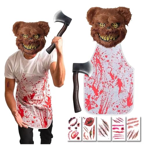 Yi'antai Horror Bär Kostüm 8-teilig, Halloween Kostüm für Erwachsene, Horror Bär Maske, Blutige Axt, Schürze, Narben Tattoos von Yi'antai
