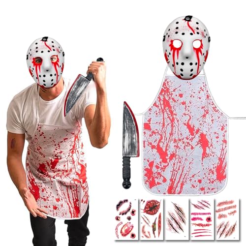 Yi'antai Serienkiller Kostüm, Halloween Kostüm Herren, Horror Kostüm Herren, Serien-Killer Maske, Horror Kostüm Mit Blutiges Messer, Halloween Blutige Schürze, Narben Tattoos von Yi'antai