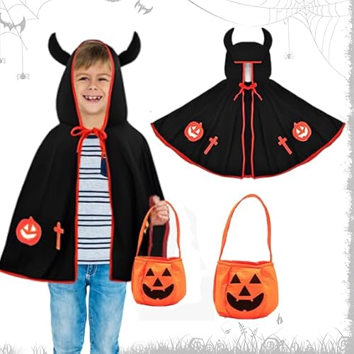 Yi'antai Kinder Halloween Kostüm, Kostüm für Kinder Teufelkostüm, Teufel Umhang mit Kürbis Candy Bag, Halloween Umhang Cape mit Ox Horn Mit Kapuze Mantel, Halloween Kostüme Cosplay Verkleidung von Yi'antai