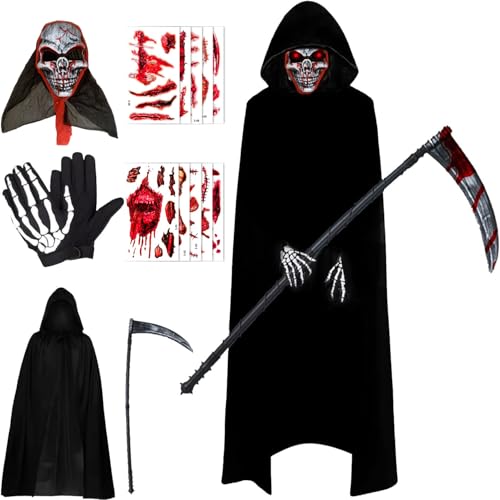 Yi'antai Sensenmann Kostüm Halloween, Halloween Umhang Set mit Maske Handschuhe, Vampir Umhang, Unisex Cape 140 cm für Halloween Party Dekoration Cosplay von Yi'antai