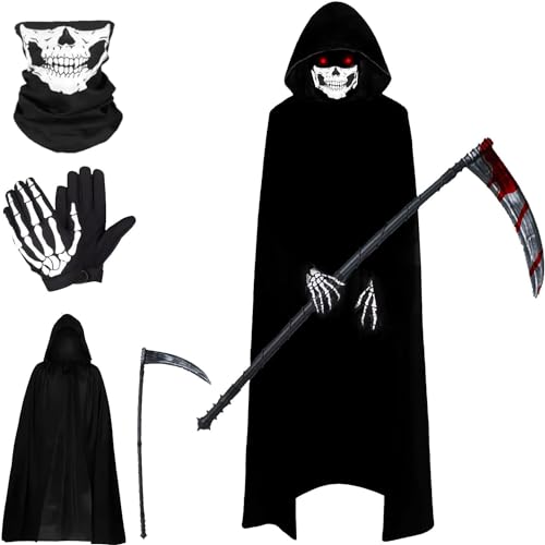 Yi'antai Sensenmann Kostüm Halloween, Halloween Umhang Set mit Maske Handschuhe, Vampir Umhang, Unisex Cape 140 cm für Halloween Party Dekoration Cosplay von Yi'antai