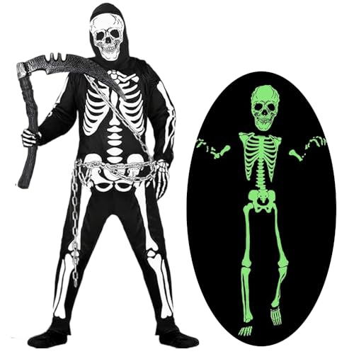 Yi'antai Skelett Kostüm Kinder, Halloween Kostüm Skelett Leuchtet im Dunkeln mit Sense, Sensenmann Grim Reaper Kostüme für Jungen Mädchen, Reaper Kostüm für Halloween Karneval (S:6-8 Jahre) von Yi'antai
