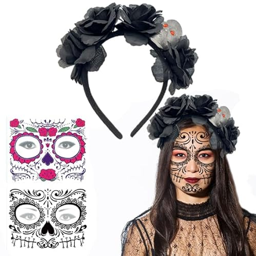 Yi'antai Tag Der Toten Haarreif, Haarreif mit Schwarzen Rosen & Totenkopf Deko, Halloween Kostüm Damen, Haarkranz Blumen Schwarz mit Halloween Temporäre Gesicht Tattoos (Schwarz) von Yi'antai