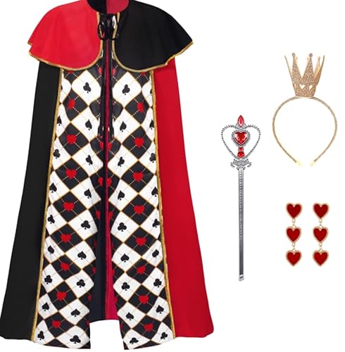 Yi-gog 4 Stück Damen Rote Königin Umhang Robe Cosplay Kostüm Zepter Liebe Ohrringe Stirnband für Halloween Party Bühnenshow von Yi-gog