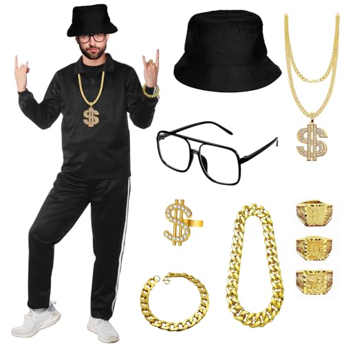 Yi-gog 80er Jahre Outfit für Herren 90er Jahre Trainingsanzug Kostüm für Halloween 70er Jahre Sportbekleidung Jacke Trainingsanzug 2 Stück Hip Hop Set, Schwarz, XX-Large von Yi-gog