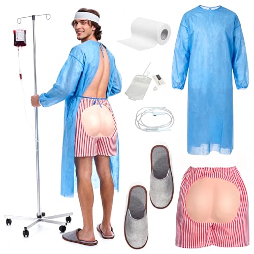 Yi-gog 9-teiliges Patientenkleid, Party-Kostüm-Set, Krankenhauskleid, Outfit für Männer und Frauen, lustige Shorts, Halloween, Cosplay, Motto-Party von Yi-gog