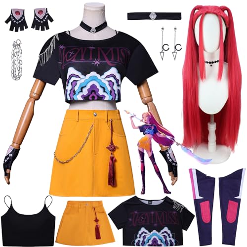 YiLianDa KPop Demon Hunters Rumi/Mira/Zoe Cosplay Kostüm Set für Damen – Anime Cosplay Outfit mit Perücke, Ring & Ohrringen – Rollenspiel Uniform für Halloween, Karneval & Party von YiLianDa