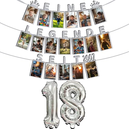 Deko Fotogirlande 18. Geburtstag Junge/Mädchen - EINE LEGENDE SEIT 2007 - 18 Glitzerkarten Kann 6-Zoll-Fotos von 1 bis 18 Jahren einfügen, Luftballons mit 18 Jahre alten Zahlen Party Deko (Silber) von YiLingYiJiu