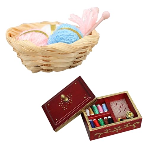 YiNLuax Puppenhäuser im Maßstab 1:12, Miniatur-Nähwerkzeug-Kits mit Garnkorb und Nähkästchen für realistische Modellszene von YiNLuax