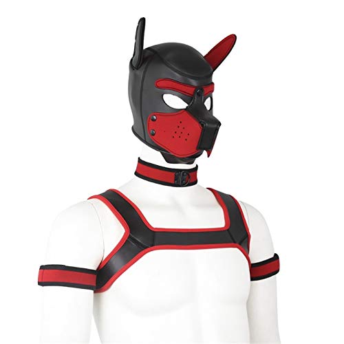 Weiche Latex-Hundemaske mit Ohren, Welpenmaske für Cosplay-Party-Maskerade Set (Maske, Halsband, Armbinde, Riemen) (Color : Red, Size : Large) von YiQin RWSX