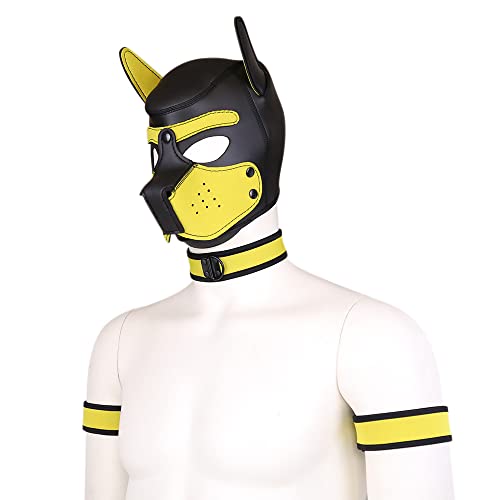 YiQin RWSX Weiche Latex-Hundemaske mit Ohren, Welpenmaske für Cosplay-Party-Maskerade Set (Maske, Halsband, Armbinde) (L, Gelb) von YiQin RWSX