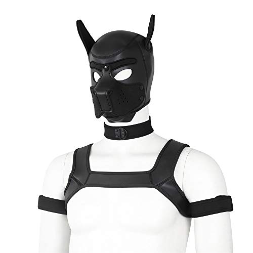 YiQin RWSX Weiche Latex-Hundemaske mit Ohren, Welpenmaske für Cosplay-Party-Maskerade Set (Maske, Halsband, Armbinde, Riemen) (Color : Black, Size : Large) von YiQin RWSX