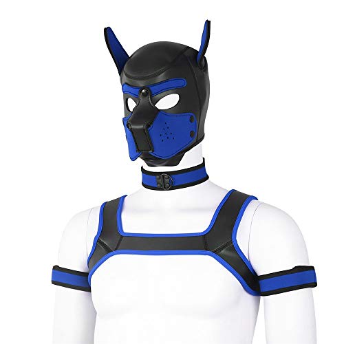 YiQin RWSX Weiche Latex-Hundemaske mit Ohren, Welpenmaske für Cosplay-Party-Maskerade Set (Maske, Halsband, Armbinde, Riemen) (Color : Blue, Size : Large) von YiQin RWSX