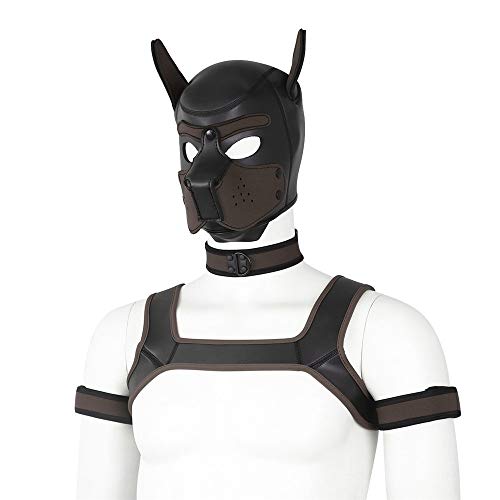 YiQin RWSX Weiche Latex-Hundemaske mit Ohren, Welpenmaske für Cosplay-Party-Maskerade Set (Maske, Halsband, Armbinde, Riemen) (Color : Brown, Size : Large) von YiQin RWSX