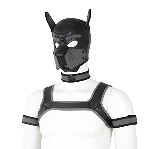 YiQin RWSX Weiche Latex-Hundemaske mit Ohren, Welpenmaske für Cosplay-Party-Maskerade Set (Maske, Halsband, Armbinde, Riemen) (Color : Gray, Size : Large) von YiQin RWSX
