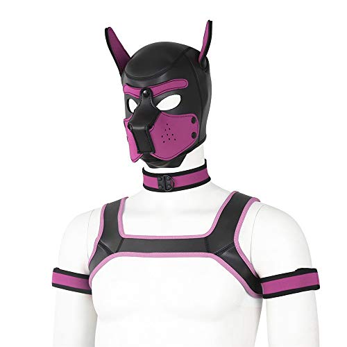 YiQin RWSX Weiche Latex-Hundemaske mit Ohren, Welpenmaske für Cosplay-Party-Maskerade Set (Maske, Halsband, Armbinde, Riemen) (Color : Pink, Size : Large) von YiQin RWSX