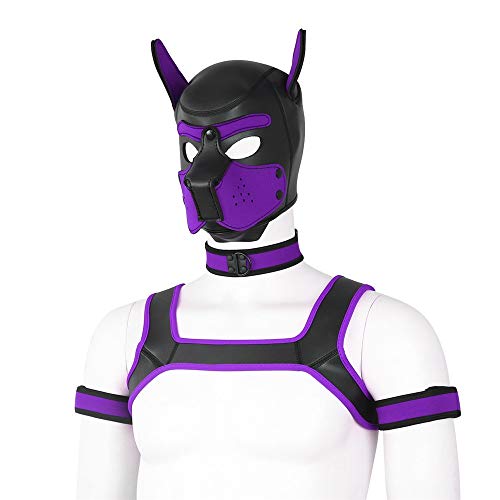 YiQin RWSX Weiche Latex-Hundemaske mit Ohren, Welpenmaske für Cosplay-Party-Maskerade Set (Maske, Halsband, Armbinde, Riemen) (Color : Purple, Size : Large) von YiQin RWSX