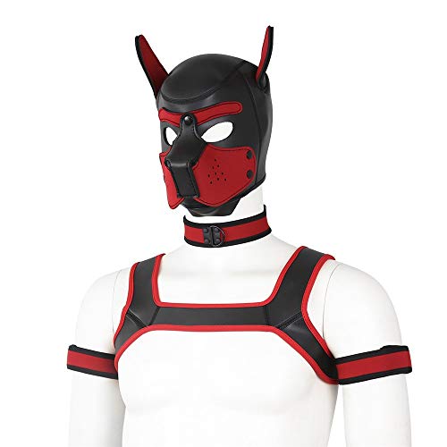 YiQin RWSX Weiche Latex-Hundemaske mit Ohren, Welpenmaske für Cosplay-Party-Maskerade Set (Maske, Halsband, Armbinde, Riemen) (Color : Red, Size : Large) von YiQin RWSX