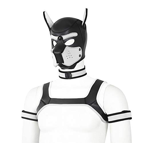 YiQin RWSX Weiche Latex-Hundemaske mit Ohren, Welpenmaske für Cosplay-Party-Maskerade Set (Maske, Halsband, Armbinde, Riemen) (Color : White, Size : Large) von YiQin RWSX