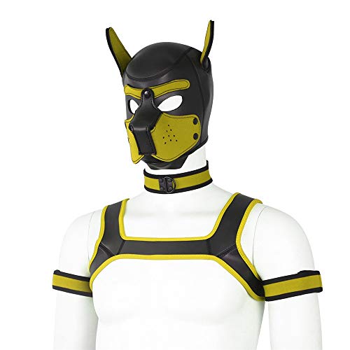 YiQin RWSX Weiche Latex-Hundemaske mit Ohren, Welpenmaske für Cosplay-Party-Maskerade Set (Maske, Halsband, Armbinde, Riemen) (Color : Yellow, Size : Large) von YiQin RWSX