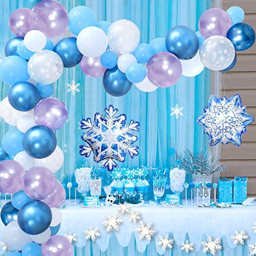 Yiran Frozen Party Geburtstag Deko, Blau Party Deko Ballongirlande mit Hell Lila Luftballon, Hellblaue Luftballon, Luftballon Weiß, Folienballon, Deko Schneeflocken Banner für Frozen Geburtstagsparty von Yiran