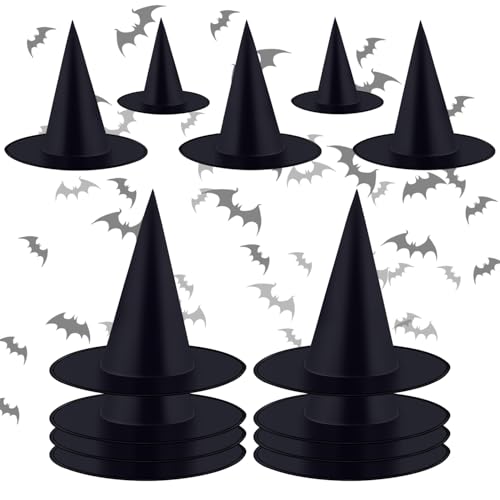 YiYa 12 Pcs Halloween Schwarzer Hexenhut 2 Größen von Hängender Hexenhut mit 48m Hängendem Seil Halloween Hüte Hexen Zubehör für Halloween Party Garten Veranda Kostüm und Cosplay von YiYa