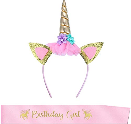Einhorn Haarband,Einhorn Stirnband Gold Blumen Horn Haarreif mit Birthday Girl Schärpe für Kinder Erwachsene Geburtstag Ostern Party Cosplay Kostüm Zubehör Einhorn Haarband,Einhorn Stirnband Gold Blumen Horn Haarreif mit Birthday Girl Schärpe für Kinder Erwachsene Geburtstag Ostern Party Cosplay Kostüm Zubehör von YiYaO
