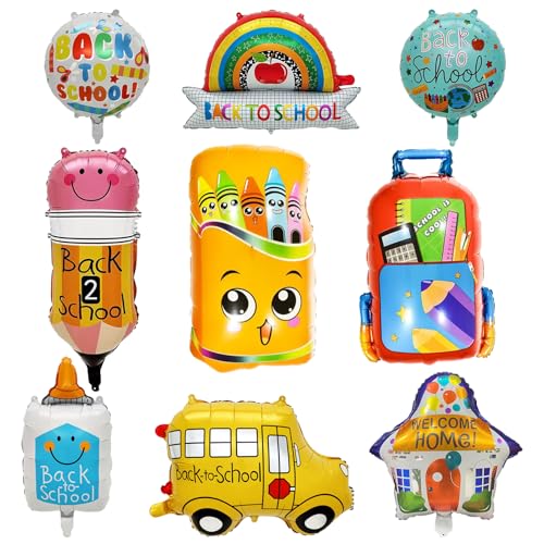 Luftballons für den Schulanfang, Bleistift-Schulranzen, Buntstiftbox, Folienballons, Willkommen zurück in die Schule, Helium-Mylar-Ballons, Schulanfangs-Dekorationen für Klassenzimmer, 9 Stück von YiYou