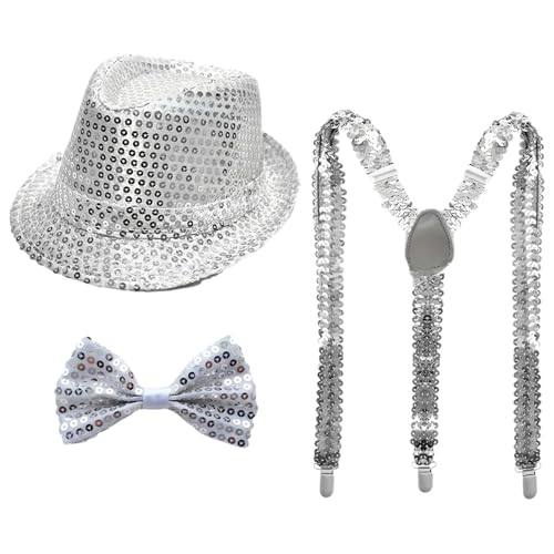 YiZYiF 70er Disco Kostümset Glitzernder Paillettenhut Krawatte Jazz Kostümzubehör Für Funky Disco Party Typ D Silber 3 Stück Einheitsgröße YiZYiF 70er Disco Kostümset Glitzernder Paillettenhut Krawatte Jazz Kostümzubehör Für Funky Disco Party Typ D Silber 3 Stück Einheitsgröße von YiZYiF