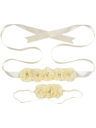 YiZYiF Blumen-Kopfschmuck Blumen Perlen Gürtel 2er Set Mutterschaft Fotografie Hochzeit Kopfschmuck Blume Krone Cremeweiß Einheitsgröße von YiZYiF