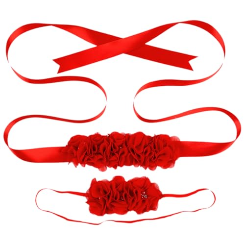 YiZYiF Blumen-Kopfschmuck Blumen Perlen Gürtel 2er Set Mutterschaft Fotografie Hochzeit Kopfschmuck Blume Krone Rot Einheitsgröße von YiZYiF