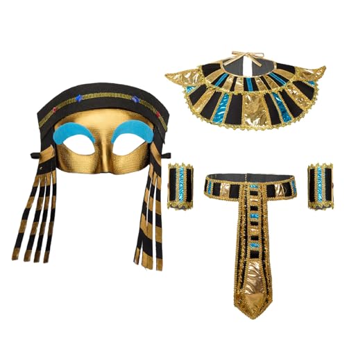 YiZYiF Damem Kleopatra Kostüm Set Königin Maske Halskragen Armbänder Gürtel Halloween Ägyptische Prinzessin Outfit Mottoparty Maskerade Karneval 4 Stück One Size von YiZYiF