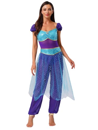 YiZYiF Damen Arabische Prinzessin Kostüm Tüll Pailletten Jumpsuit Karneval Kostüm Fastnacht Party Orient Tanzkleidung Blau XXL von YiZYiF