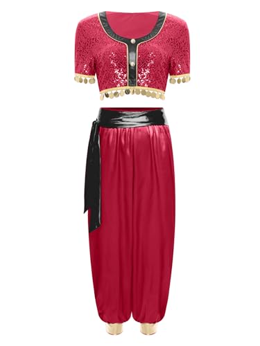 YiZYiF Damen Bauchtanz Kostüm Arabische Indische Prinzessin Outfit Glitzer Pailletten Crop Top Und Satin Hose Karneval Tanzkleidung Burgundy L YiZYiF Damen Bauchtanz Kostüm Arabische Indische Prinzessin Outfit Glitzer Pailletten Crop Top Und Satin Hose Karneval Tanzkleidung Burgundy L von YiZYiF