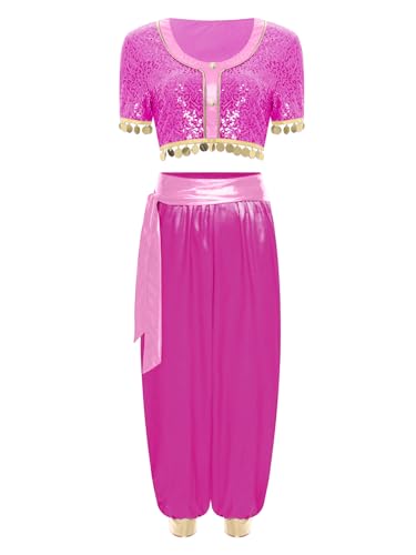 YiZYiF Damen Bauchtanz Kostüm Arabische Indische Prinzessin Outfit Glitzer Pailletten Crop Top Und Satin Hose Karneval Tanzkleidung Hotpink S YiZYiF Damen Bauchtanz Kostüm Arabische Indische Prinzessin Outfit Glitzer Pailletten Crop Top Und Satin Hose Karneval Tanzkleidung Hotpink S von YiZYiF