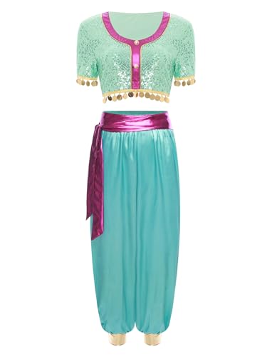 YiZYiF Damen Bauchtanz Kostüm Arabische Indische Prinzessin Outfit Glitzer Pailletten Crop Top Und Satin Hose Karneval Tanzkleidung Minzgrün XXL YiZYiF Damen Bauchtanz Kostüm Arabische Indische Prinzessin Outfit Glitzer Pailletten Crop Top Und Satin Hose Karneval Tanzkleidung Minzgrün XXL von YiZYiF