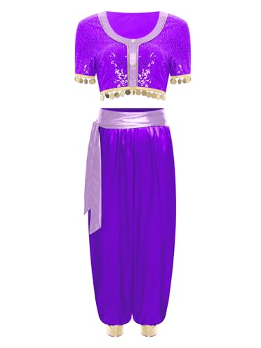 YiZYiF Damen Bauchtanz Kostüm Arabische Indische Prinzessin Outfit Glitzer Pailletten Crop Top Und Satin Hose Karneval Tanzkleidung Violett L YiZYiF Damen Bauchtanz Kostüm Arabische Indische Prinzessin Outfit Glitzer Pailletten Crop Top Und Satin Hose Karneval Tanzkleidung Violett L von YiZYiF