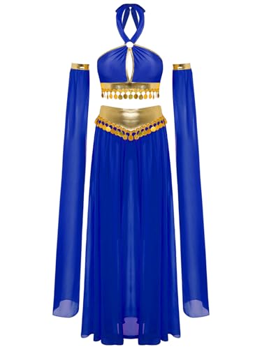 YiZYiF Damen Bauchtanz Kostüm Set Neckholder Pailletten Crop Tank Top Schlitz Maixrock Und Ärmeln Bauchtänzerin Karneval Kostüm Blau XL von YiZYiF