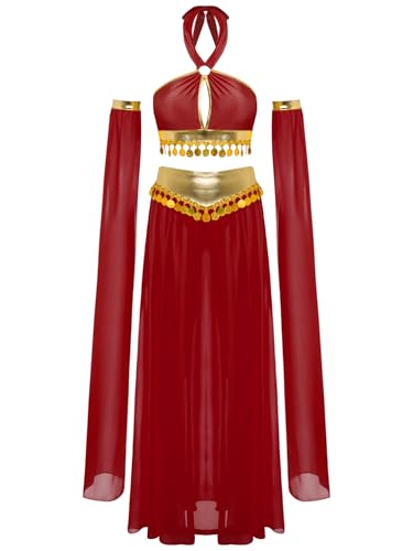 YiZYiF Damen Bauchtanz Kostüm Set Neckholder Pailletten Crop Tank Top Schlitz Maixrock Und Ärmeln Bauchtänzerin Karneval Kostüm Burgundy L YiZYiF Damen Bauchtanz Kostüm Set Neckholder Pailletten Crop Tank Top Schlitz Maixrock Und Ärmeln Bauchtänzerin Karneval Kostüm Burgundy L von YiZYiF