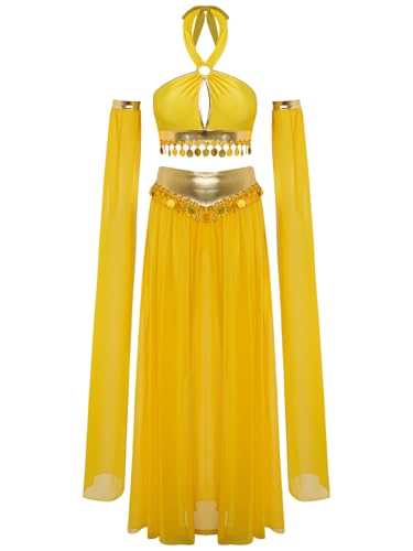 YiZYiF Damen Bauchtanz Kostüm Set Neckholder Pailletten Crop Tank Top Schlitz Maixrock Und Ärmeln Bauchtänzerin Karneval Kostüm Gelb M von YiZYiF