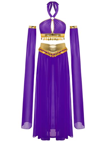 YiZYiF Damen Bauchtanz Kostüm Set Neckholder Pailletten Crop Tank Top Schlitz Maixrock Und Ärmeln Bauchtänzerin Karneval Kostüm Violett S von YiZYiF