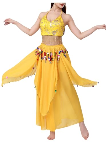 YiZYiF Damen Bauchtanz Set Pailletten Quasten Crop Top Unregelmäßiger Rock Halloween Karneval Kostüm Arabische Tanzsoutfits Gelb Einheitsgröße von YiZYiF