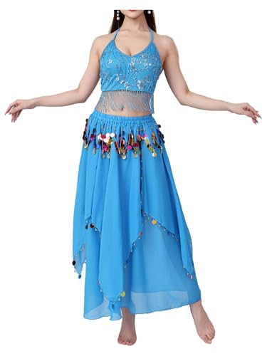 YiZYiF Damen Bauchtanz Set Pailletten Quasten Crop Top Unregelmäßiger Rock Halloween Karneval Kostüm Arabische Tanzsoutfits Himmelblau Einheitsgröße YiZYiF Damen Bauchtanz Set Pailletten Quasten Crop Top Unregelmäßiger Rock Halloween Karneval Kostüm Arabische Tanzsoutfits Himmelblau Einheitsgröße von YiZYiF