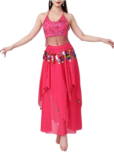 YiZYiF Damen Bauchtanz Set Pailletten Quasten Crop Top Unregelmäßiger Rock Halloween Karneval Kostüm Arabische Tanzsoutfits Hot Pink Einheitsgröße YiZYiF Damen Bauchtanz Set Pailletten Quasten Crop Top Unregelmäßiger Rock Halloween Karneval Kostüm Arabische Tanzsoutfits Hot Pink Einheitsgröße von YiZYiF