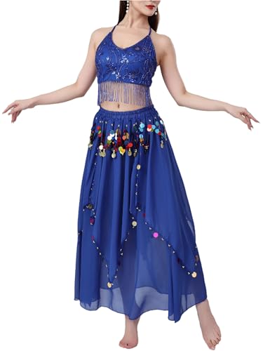 YiZYiF Damen Bauchtanz Set Pailletten Quasten Crop Top Unregelmäßiger Rock Halloween Karneval Kostüm Arabische Tanzsoutfits Königsblau Einheitsgröße von YiZYiF